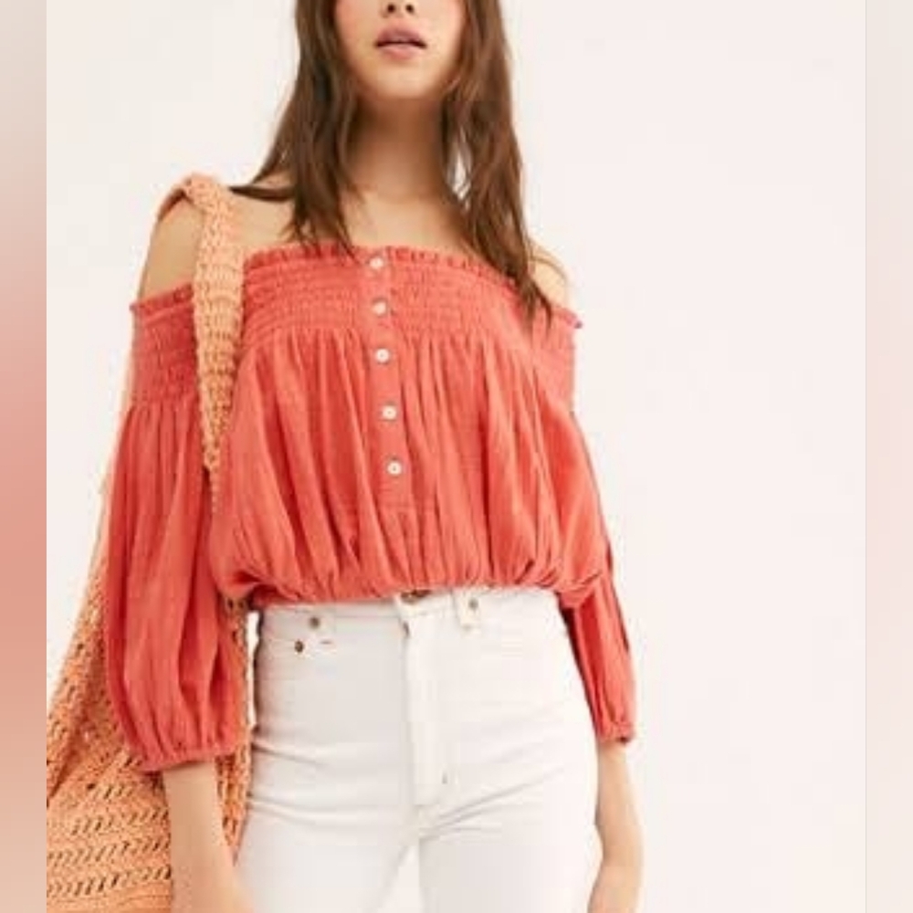 Free People Dancing Till Dawn Crop Off Shoulder Button Accent Coral Large L